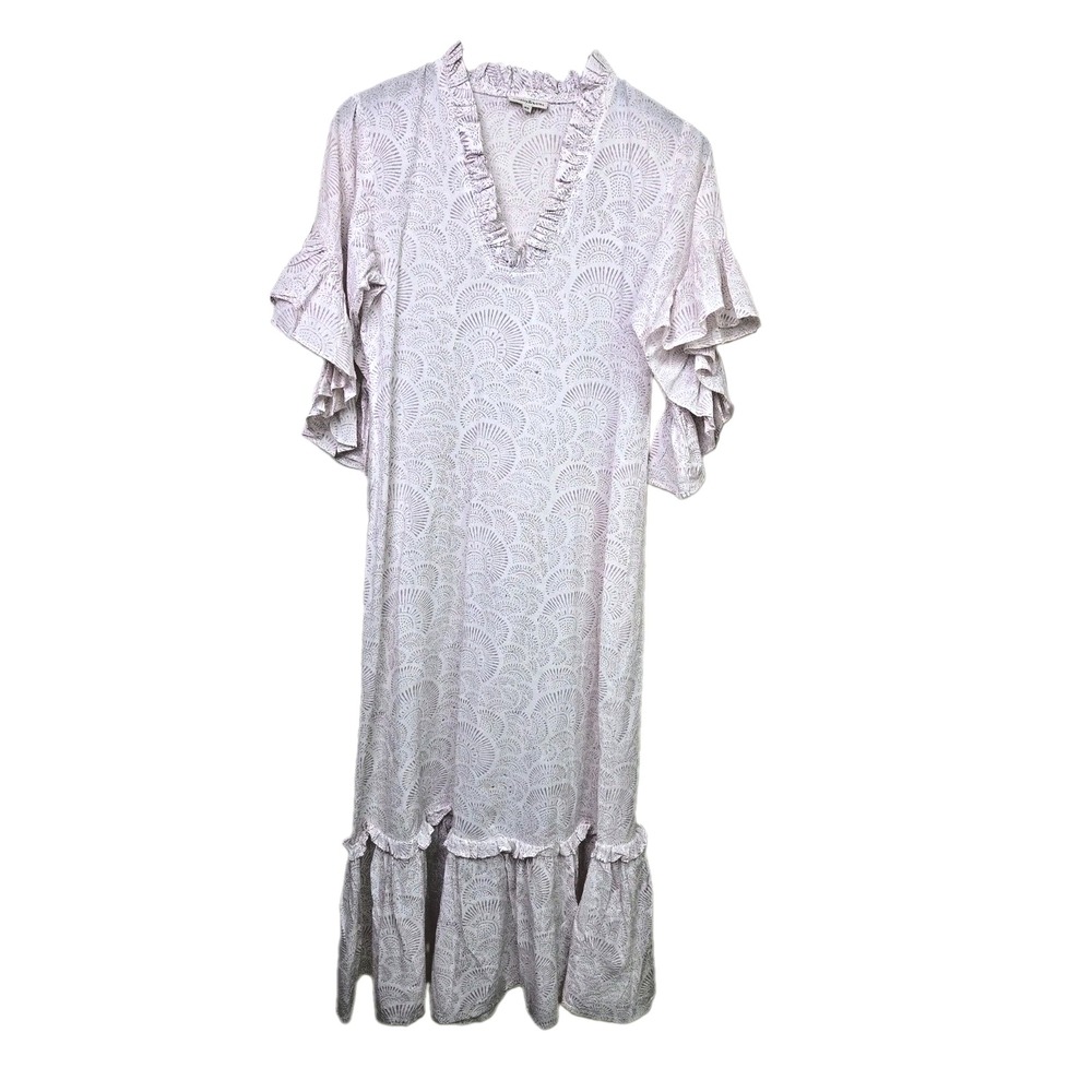 Fitzroy & Willa Soleil Maxi Dress Block Print Fan Gray Ruffle Flutter Sleeve XS